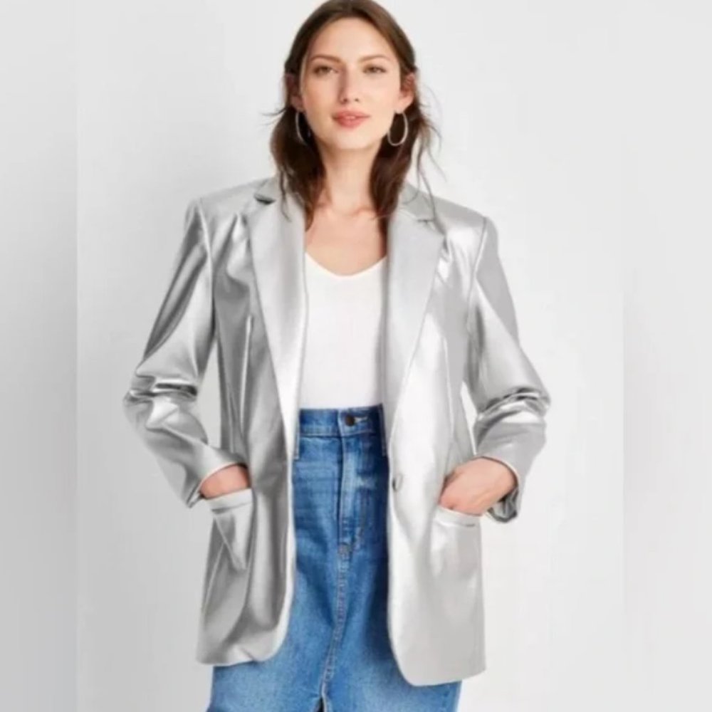 Women’s Metallic Relaxed Fit Faux Leather Blazer - A New Day Silver Size 2X
